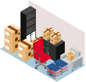 Storage unit filled with boxes, furniture, and a red office chair.
