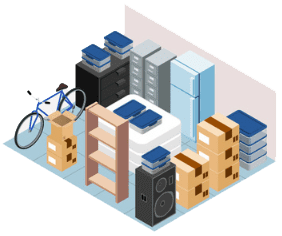 Isometric view of a storage unit packed with a bicycle, boxes, furniture, and appliances.