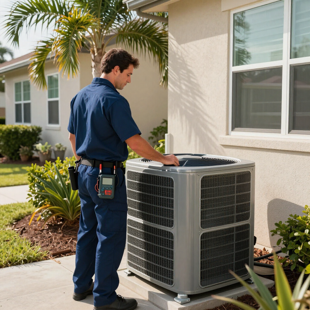 Technician inspecting an outdoor air conditioning unit beside a house