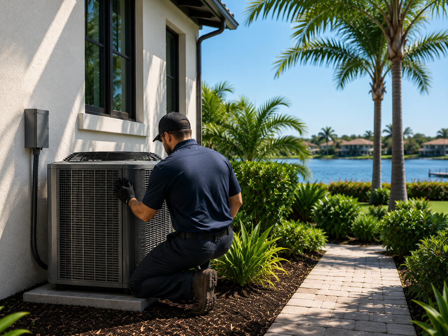Technician inspecting an outdoor air conditioner beside a house with a waterfront view