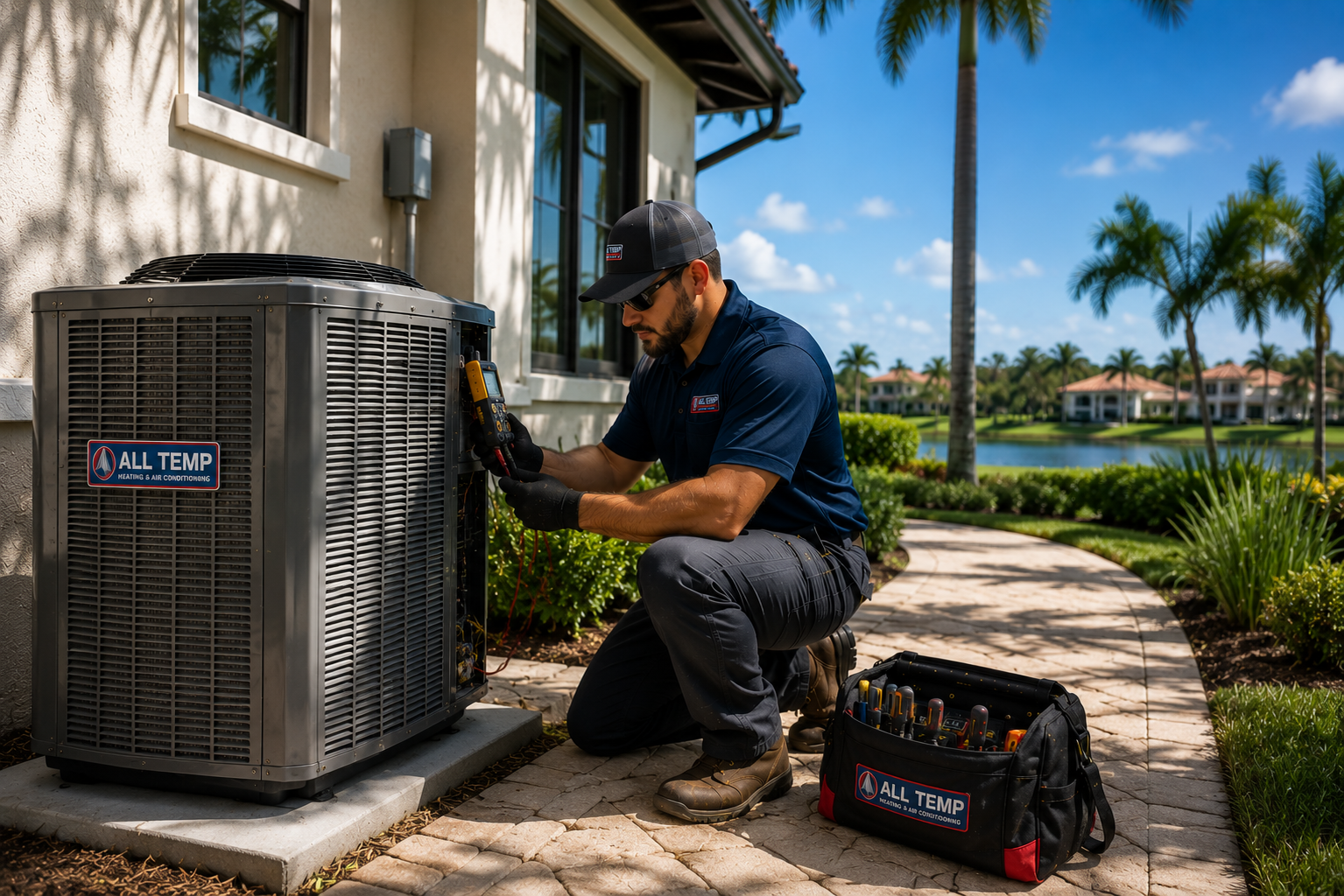 Technician kneels by an outdoor HVAC unit, inspecting it beside a house with tools on the patio.