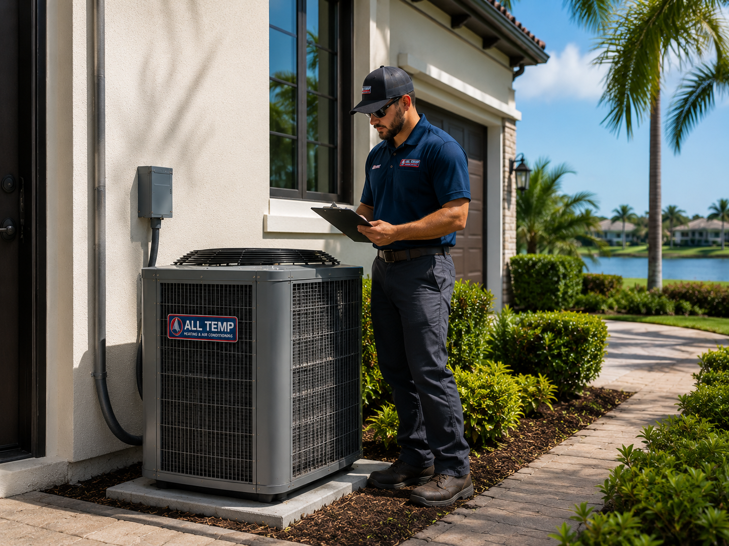Technician inspecting an outdoor HVAC unit beside a home with a lake and palm trees nearby