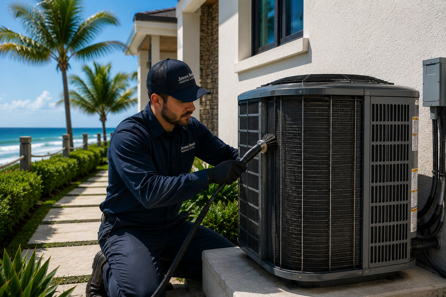 Technician inspecting an outdoor HVAC unit beside a tropical beachfront home