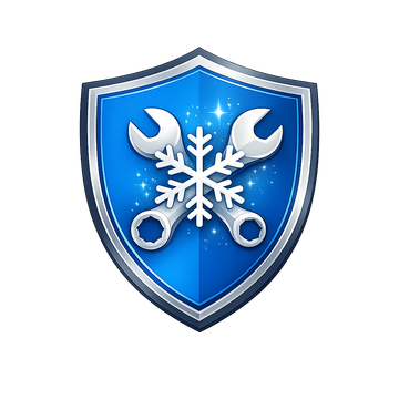 Blue shield logo with crossed wrenches and a snowflake, suggesting repair or maintenance