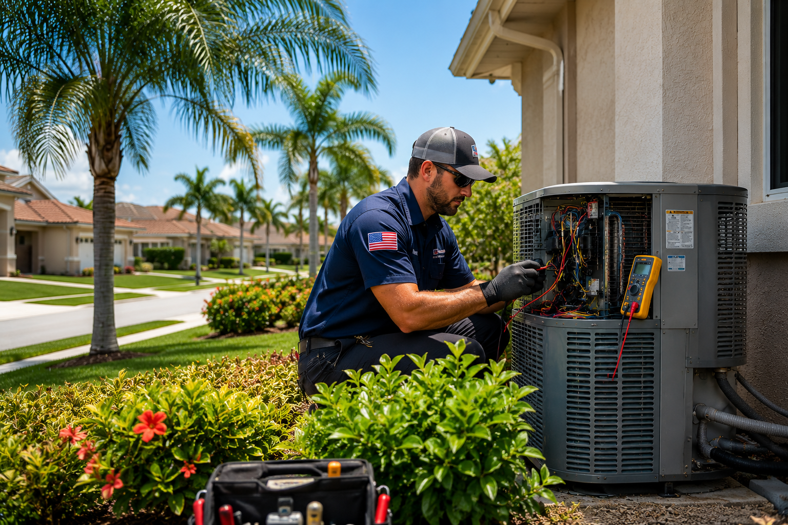 Technician servicing outdoor air conditioning unit beside a suburban home, with tools and palm trees nearby