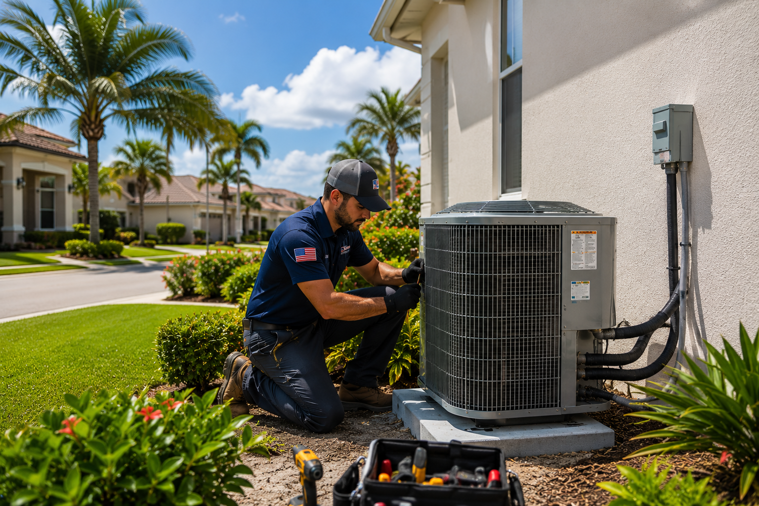 Technician repairing an outdoor air conditioner beside a suburban home on a sunny day