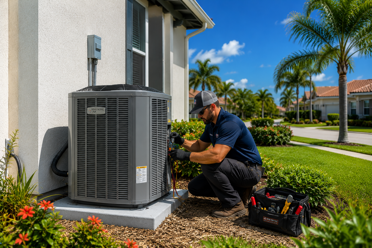 Technician kneels beside an outdoor HVAC unit next to a house on a sunny day.