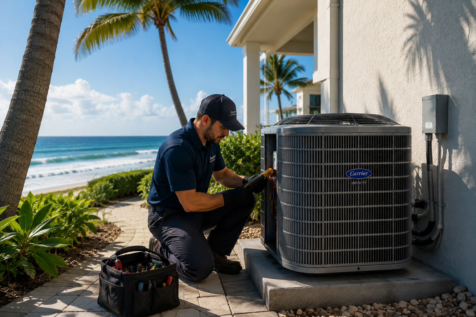 Technician kneeling beside an outdoor HVAC unit near a beachside home, inspecting it with tools.