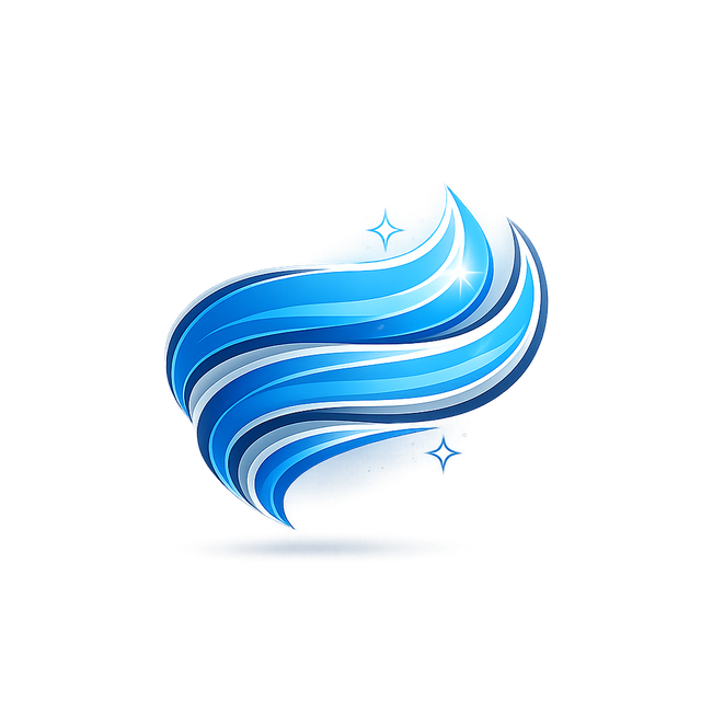 Abstract blue swirling wave logo with sparkles