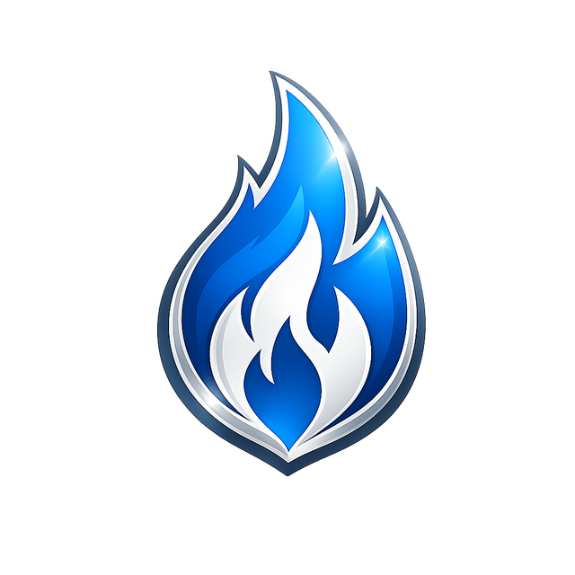 Blue and white flame logo icon on a transparent background