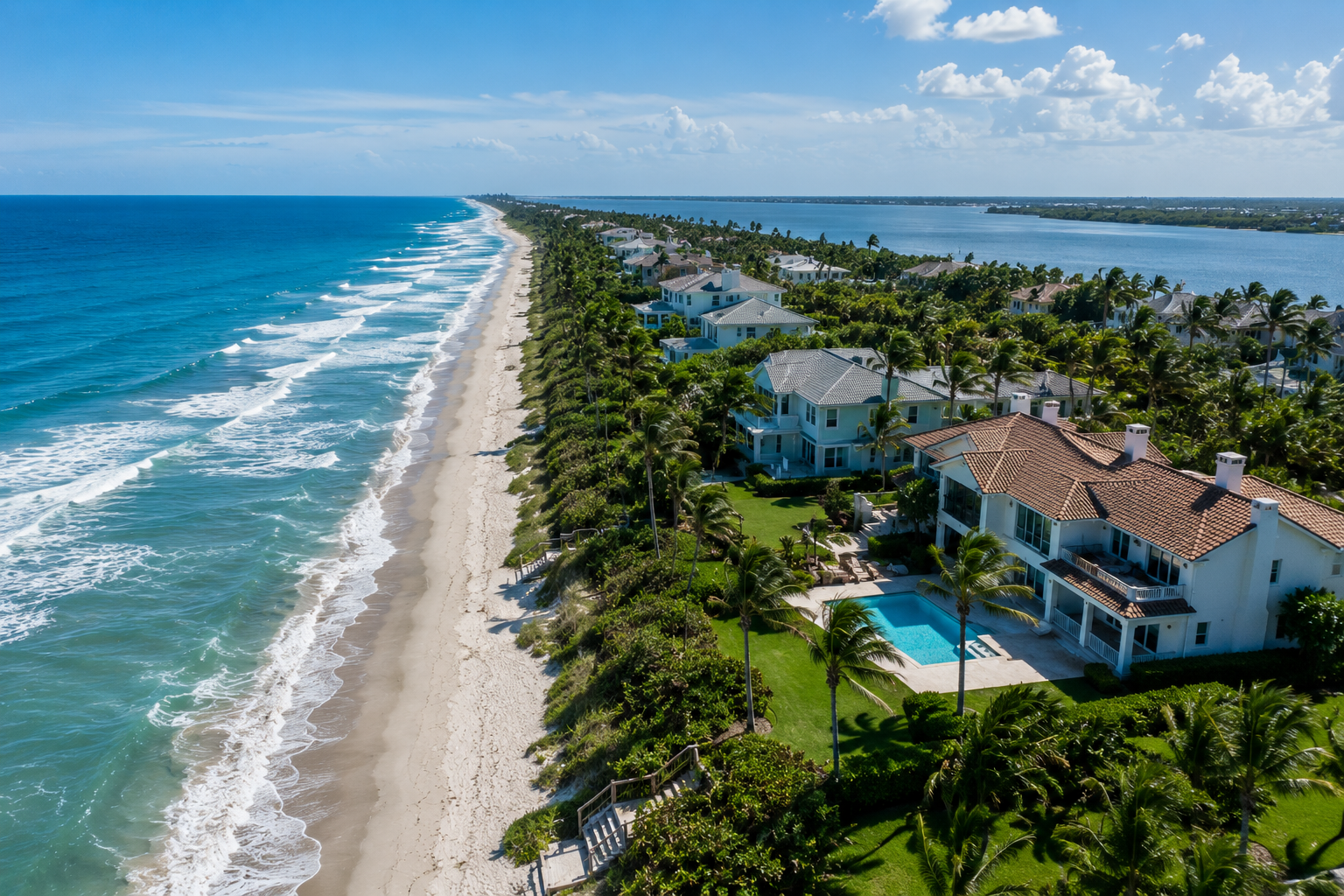 Aerial view of a sandy beach beside turquoise ocean and coastal homes with palm trees