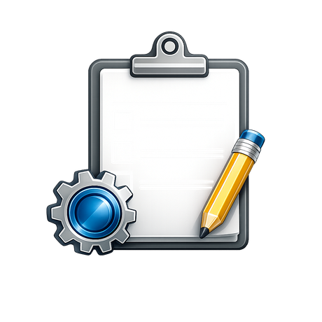 Clipboard icon with blue gear and yellow pencil