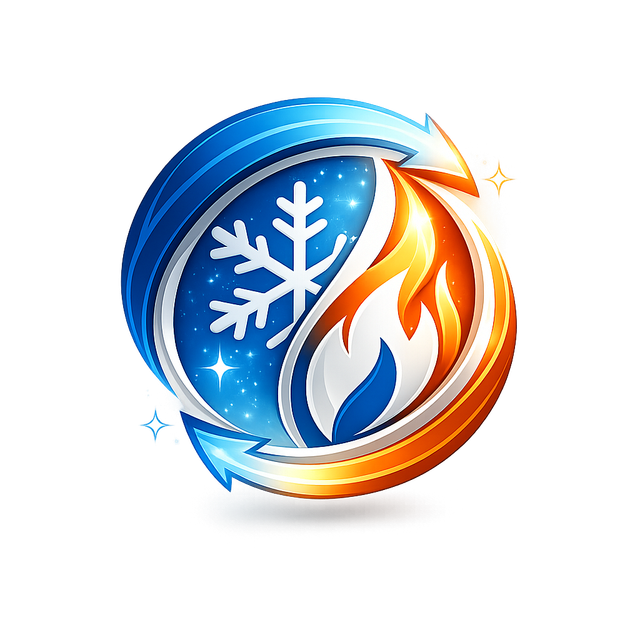 Blue and orange circular snowflake and flame logo intertwined in a swirl