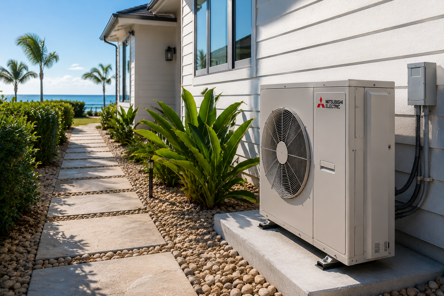 Outdoor air conditioner unit beside a white house with a tropical garden and ocean view
