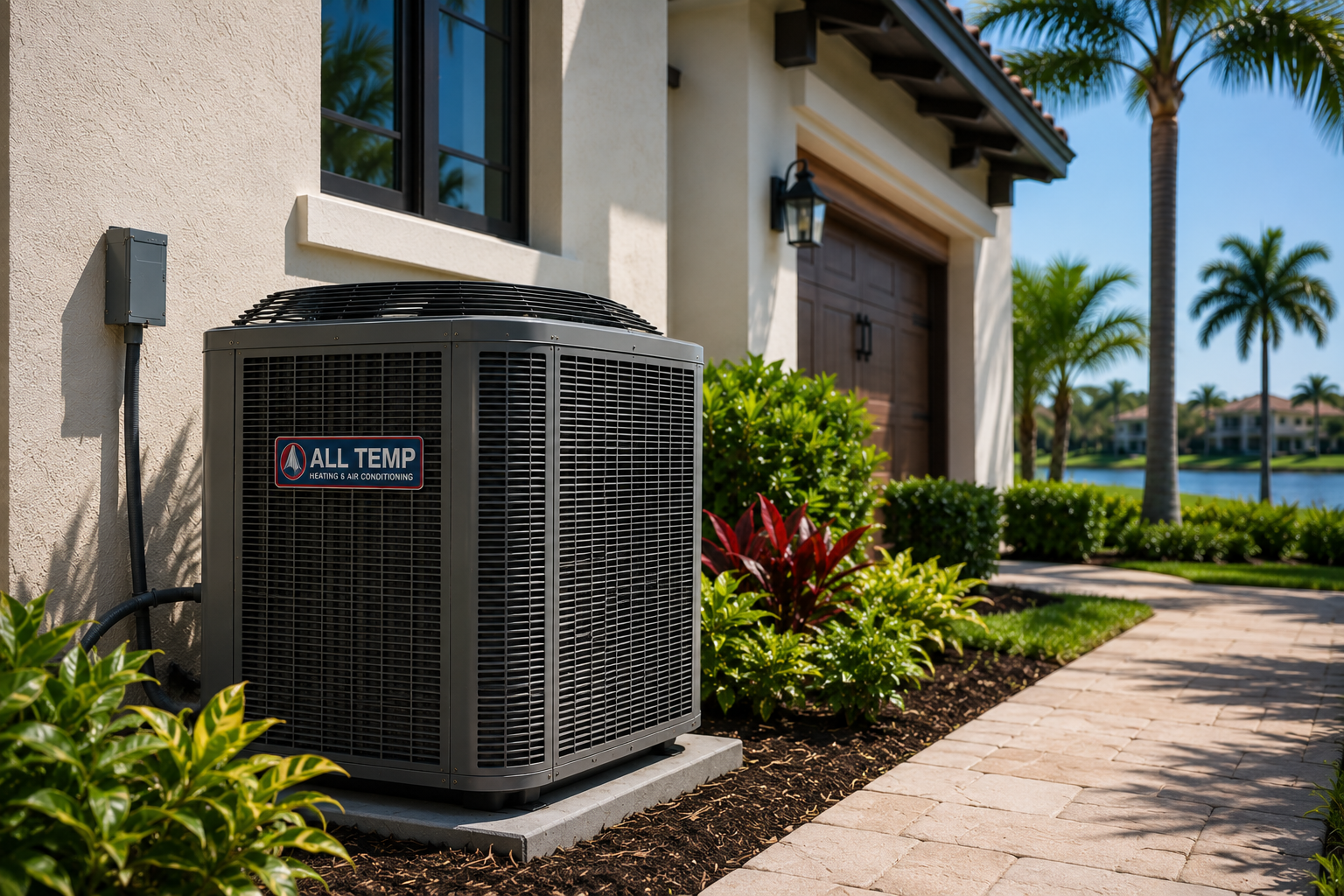 Outdoor air conditioner unit beside a house, with tropical landscaping and a waterfront view behind it