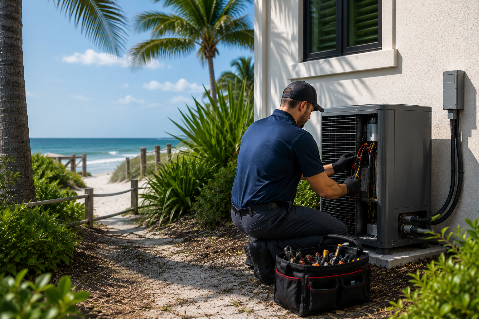 Technician repairing an outdoor HVAC unit beside a beach house with palm trees and ocean view