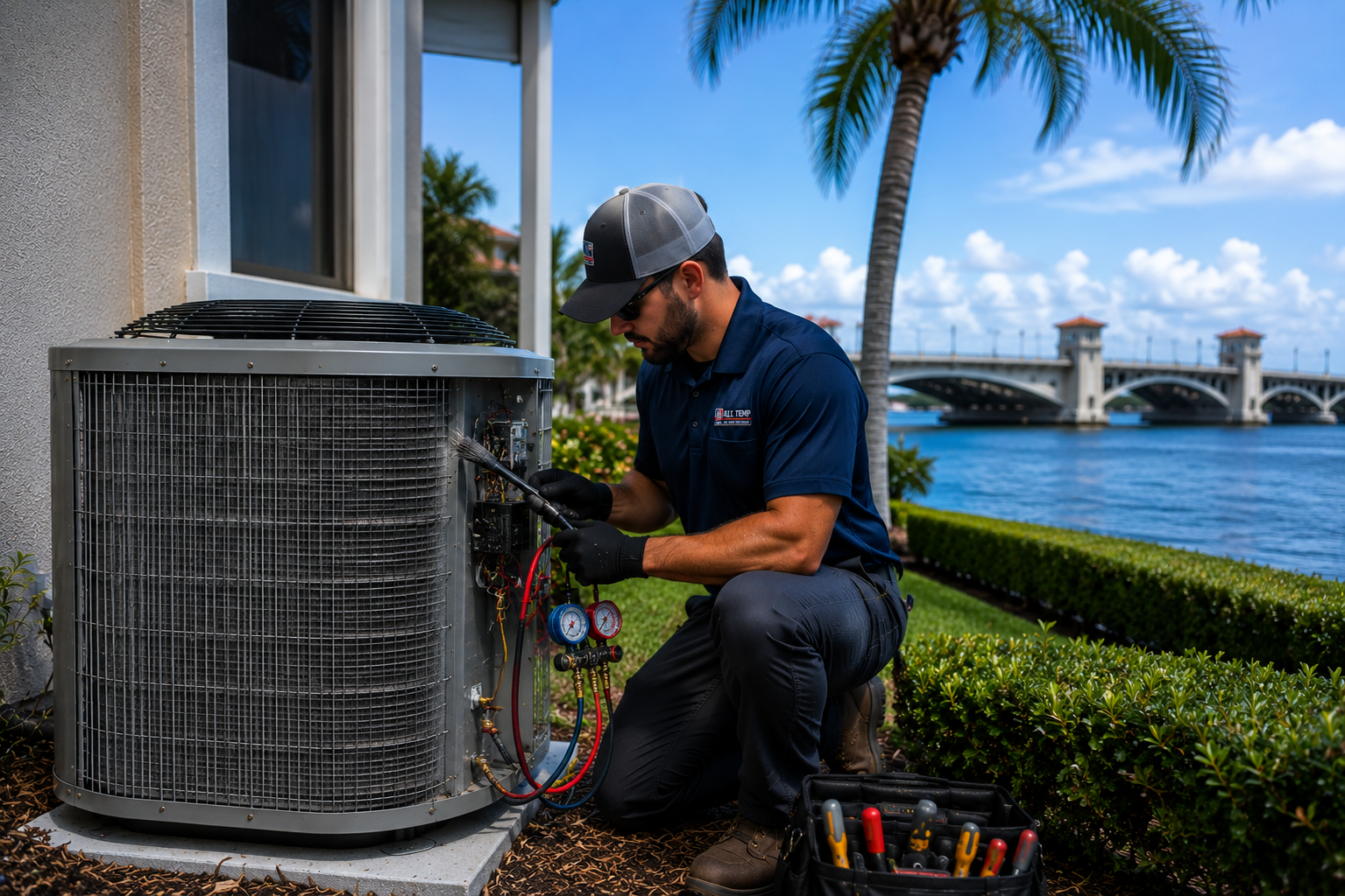Technician servicing an outdoor air conditioner beside a waterfront home with bridge in the background