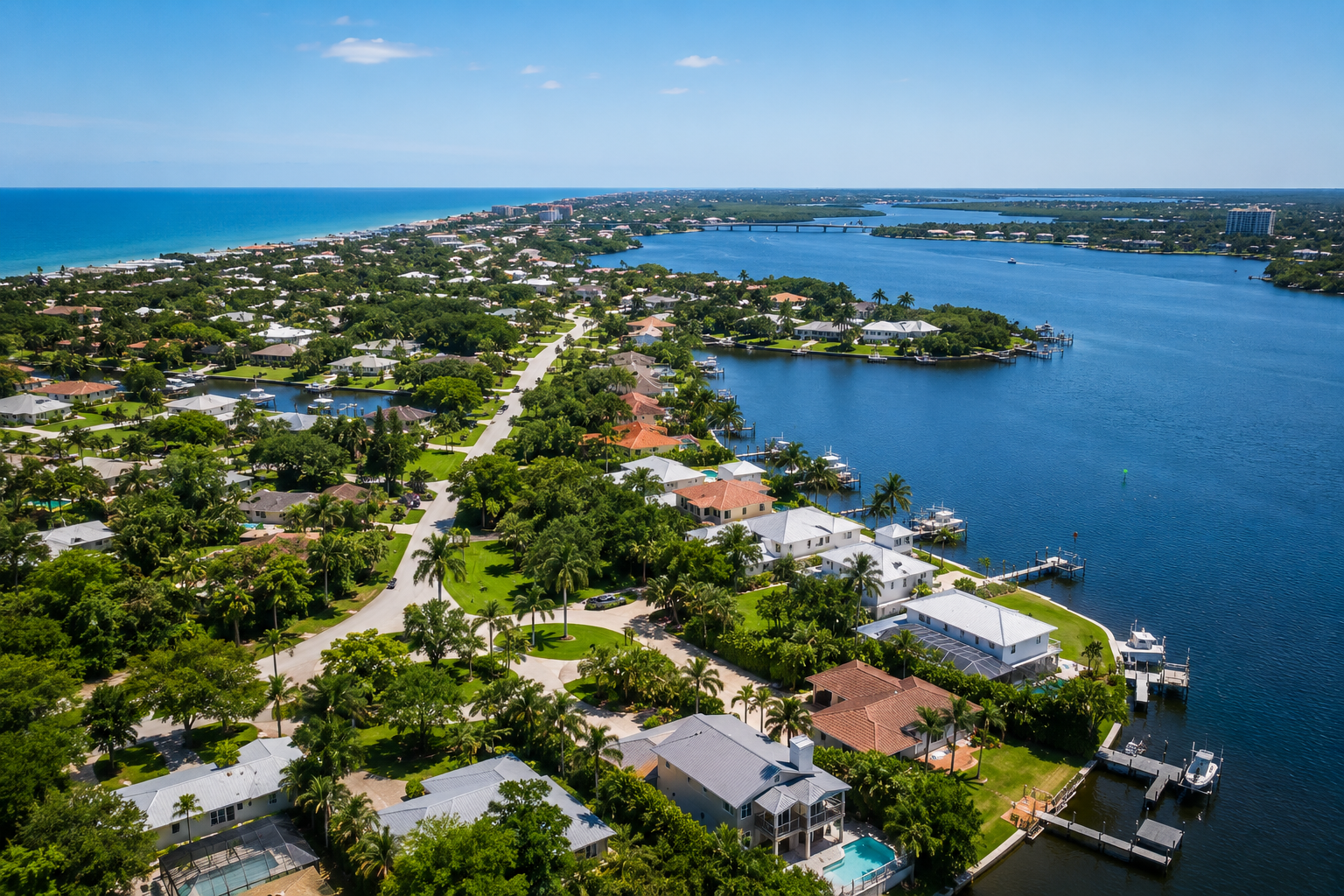 Aerial view of a tropical coastal neighborhood with homes, trees, and a blue bay beside a shoreline road
