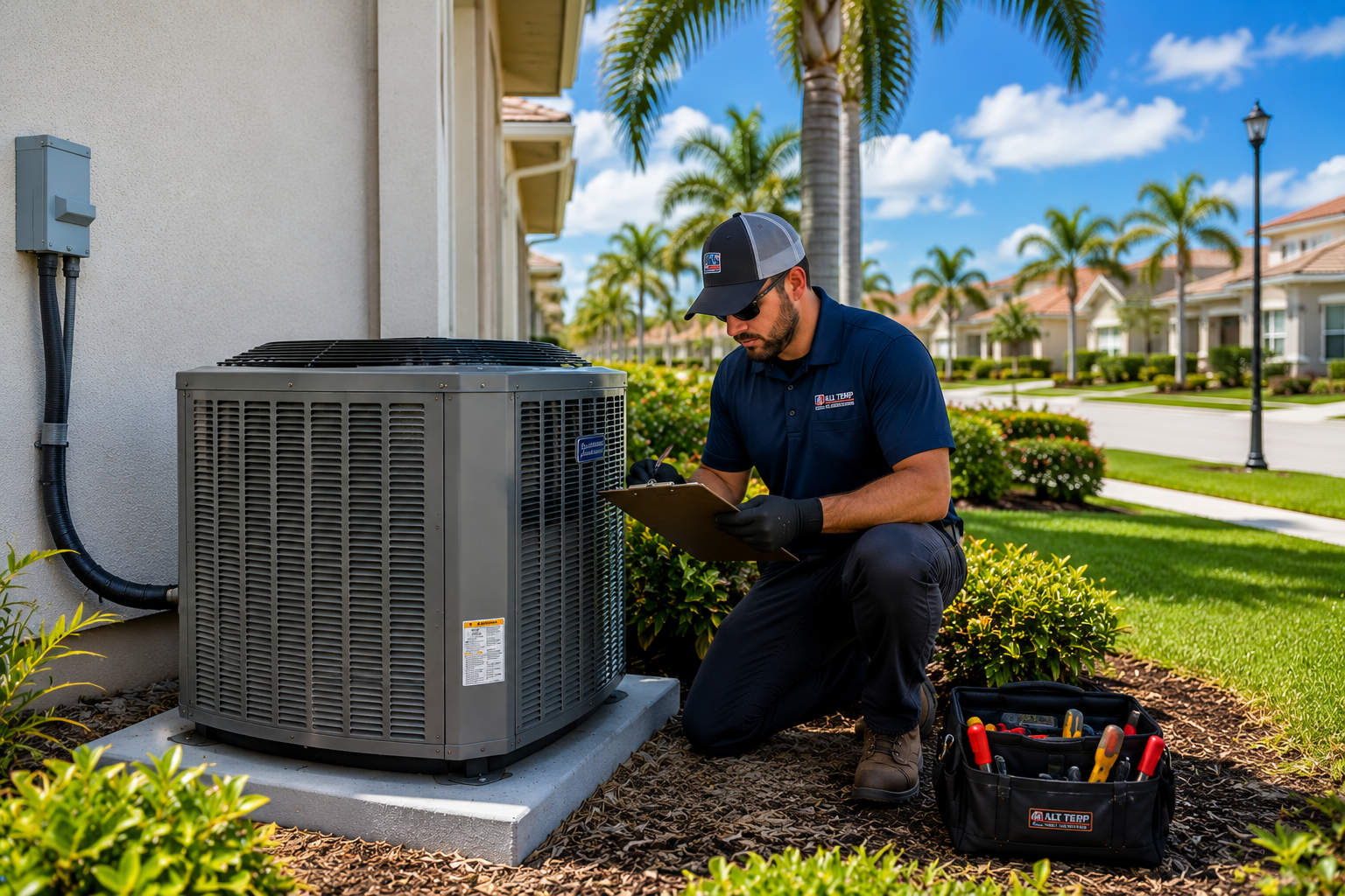 Technician inspecting an outdoor air conditioner beside a house, with tools on the grass.