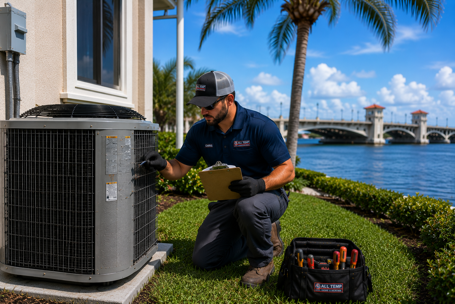 Technician kneeling beside an outdoor AC unit, checking a clipboard in a sunny yard near a waterfront bridge.
