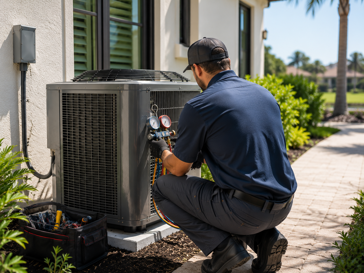 Technician kneeling beside an outdoor AC unit, checking gauges outside a house.