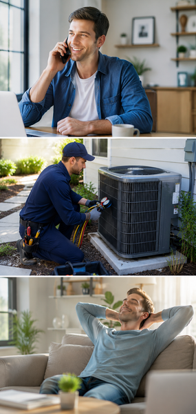 Three-panel collage: man on phone indoors, HVAC technician servicing outdoor unit, man relaxing on couch with hands behind head