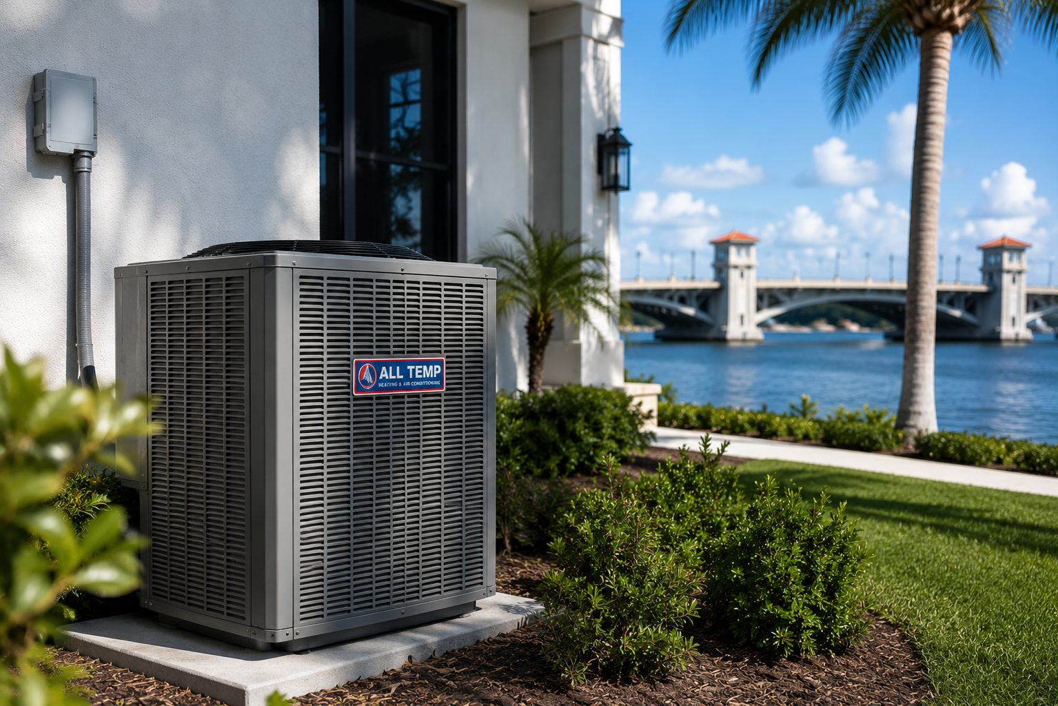 Outdoor HVAC unit beside a waterfront house, with palm trees, lawn, and a bridge in the background