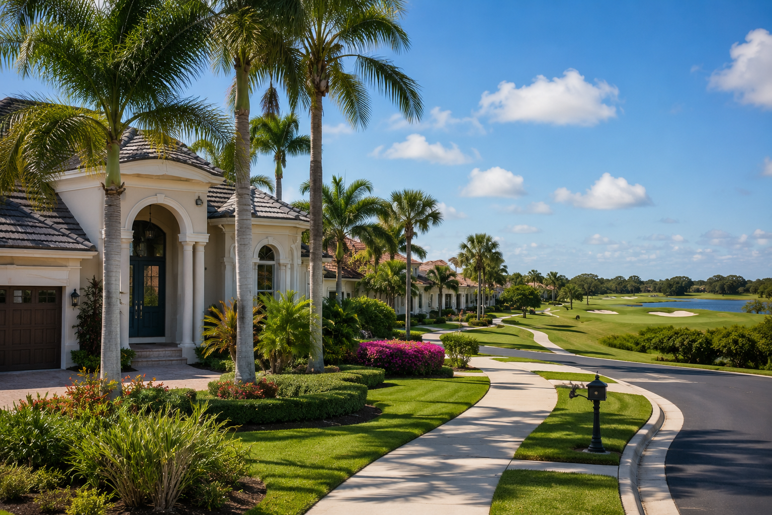 Palm-lined luxury home with a curved sidewalk, manicured lawn, and golf course under a blue sky