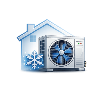 Home HVAC unit with blue snowflake and house icon, suggesting air conditioning or heating