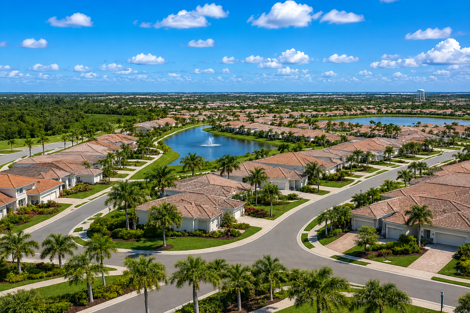 Aerial view of a suburban neighborhood with red-roofed houses, palm-lined streets, and a central pond under blue sky