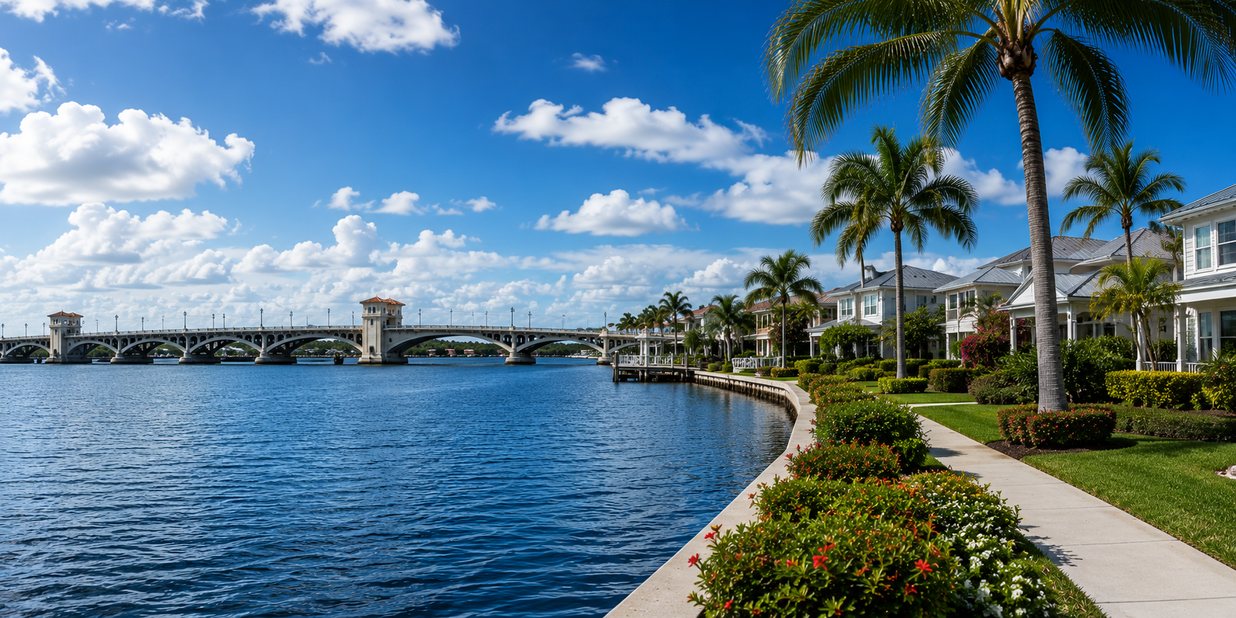 Curved waterfront walkway with palm trees, flowers, blue water, and a bridge under a bright sky