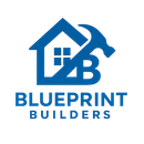 Blue house and hammer logo with &ldquo;Blueprint Builders&rdquo; in blue text