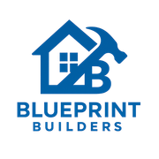 Blue house and hammer logo with &ldquo;Blueprint Builders&rdquo; in blue text