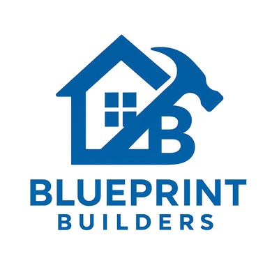 Blue house and hammer logo with “Blueprint Builders” in blue text