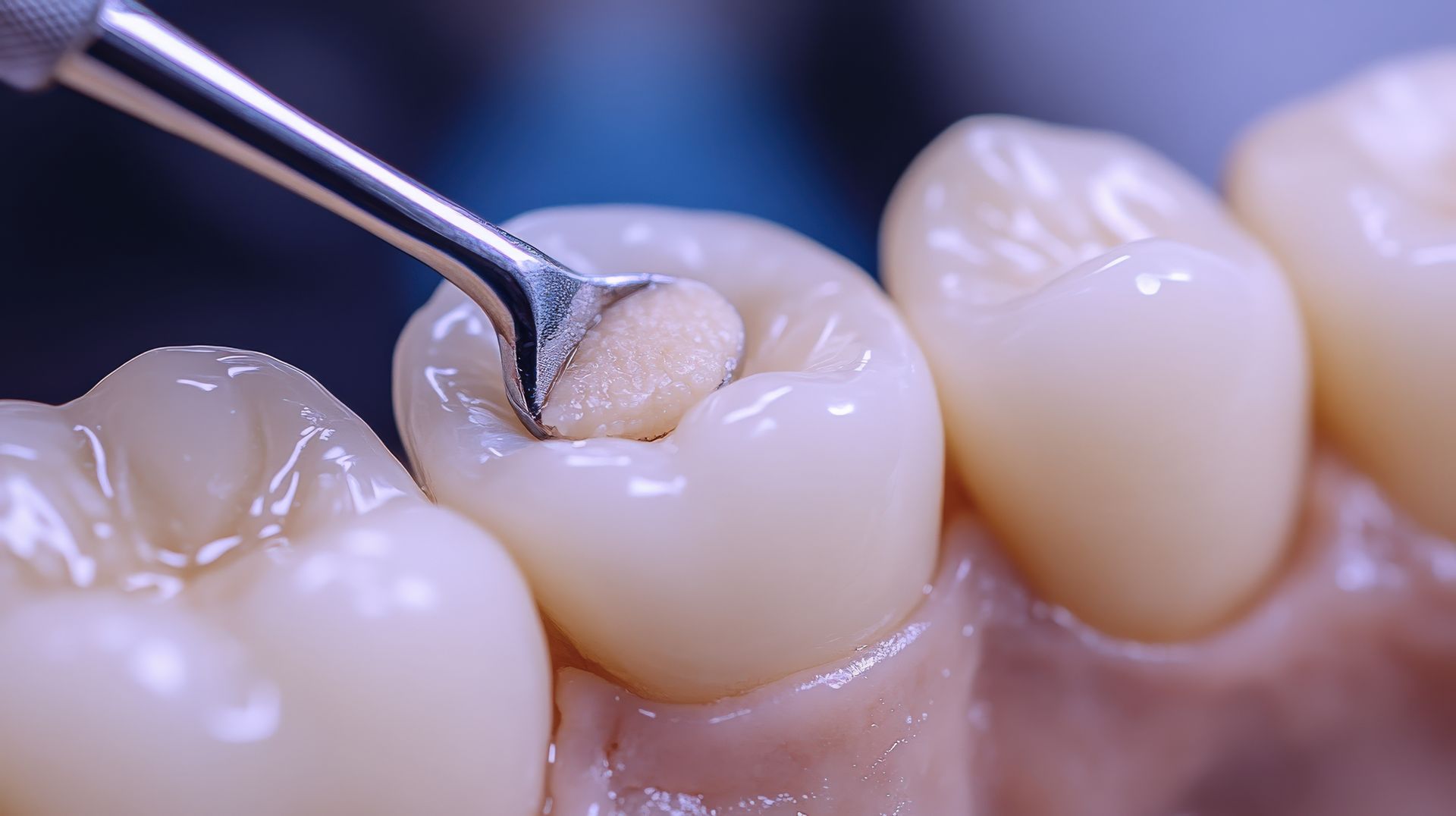 Dental scaler cleaning a molar with plaque buildup and visible fillings in a close-up mouth view.