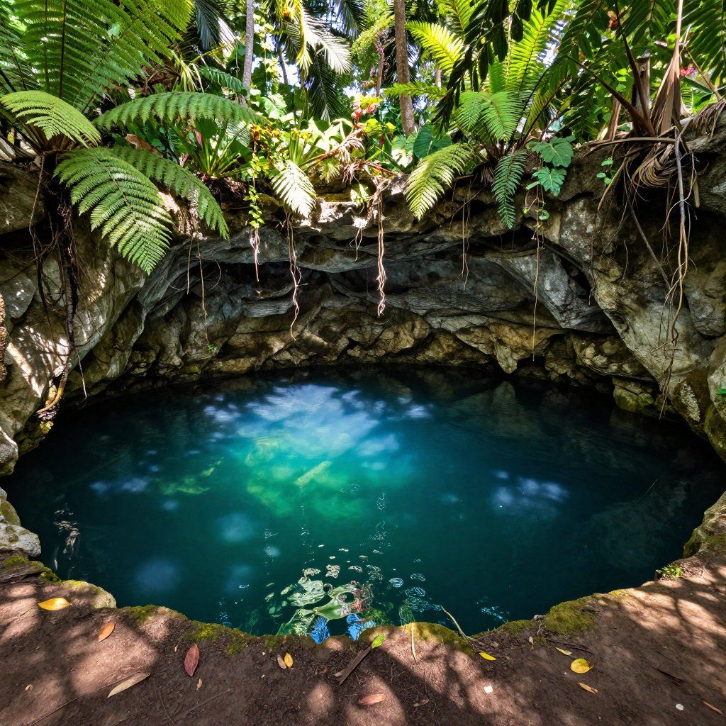 Small turquoise cenote pool beneath a rocky ledge, surrounded by lush green ferns and tropical plants.