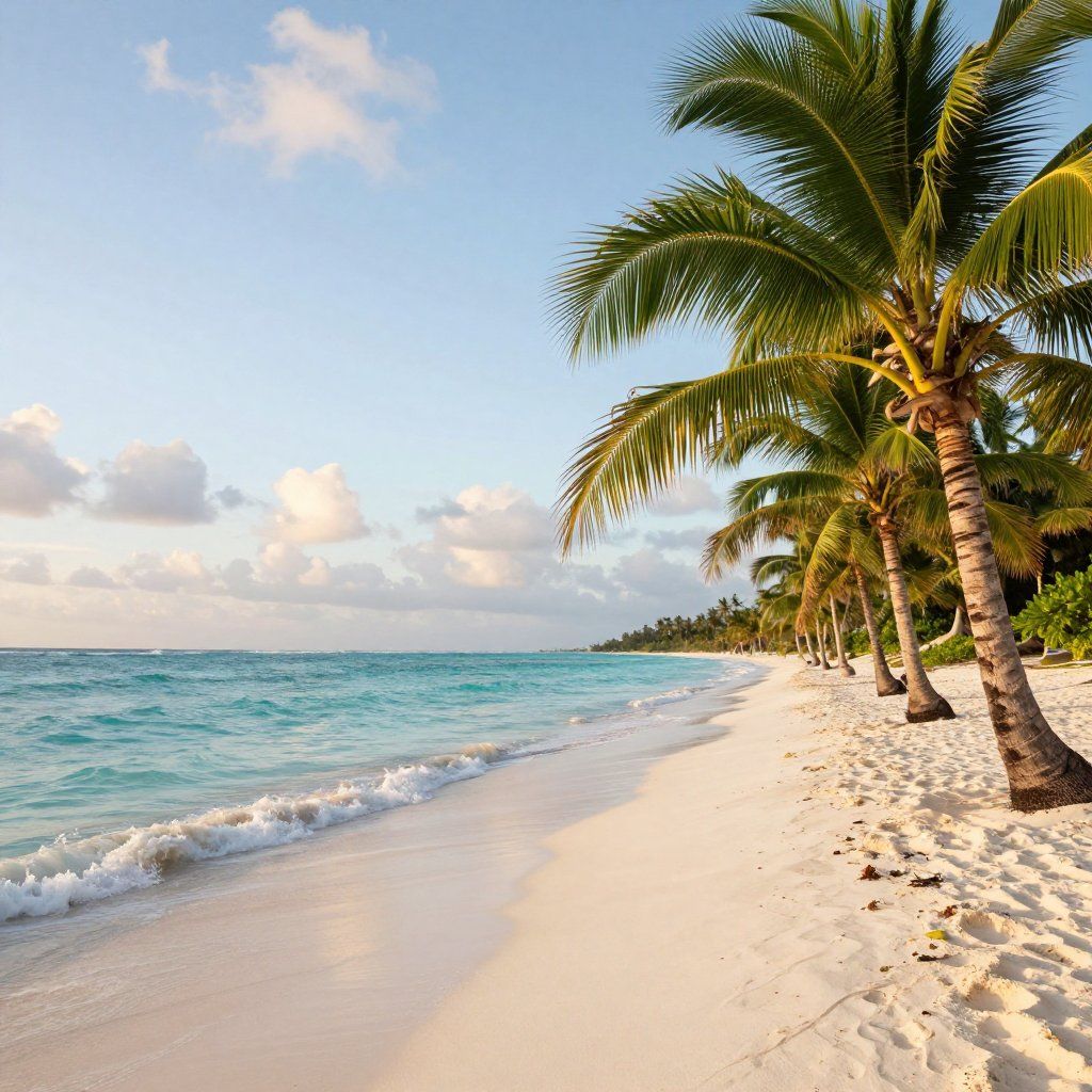 Sunlit tropical beach with turquoise waves, white sand, and leaning palm trees
