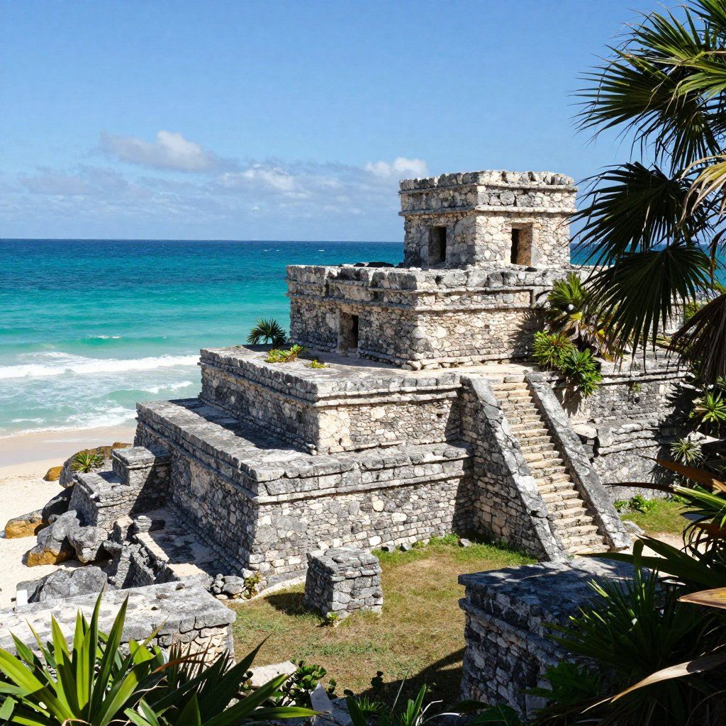Ancient stone ruins beside a turquoise beach under a clear blue sky