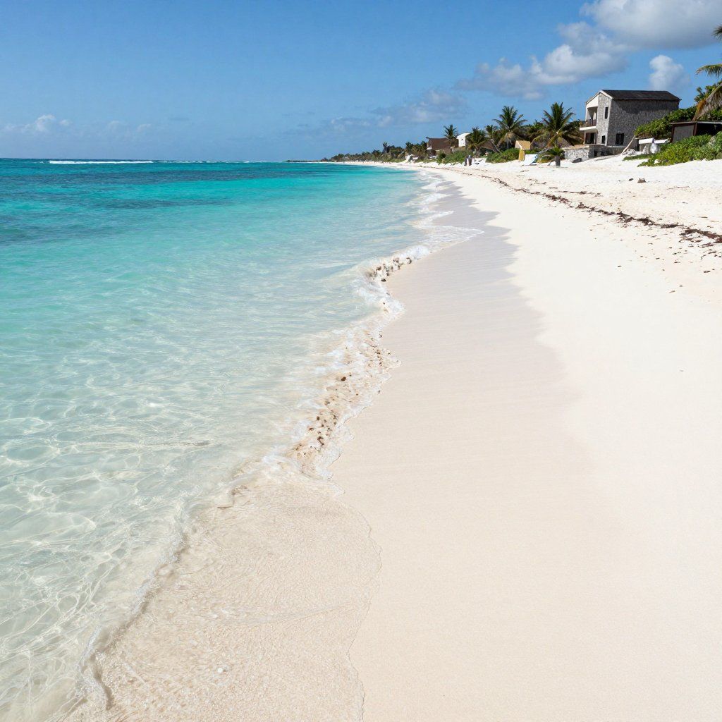Turquoise water and white sand beach with palm trees and huts under a blue sky