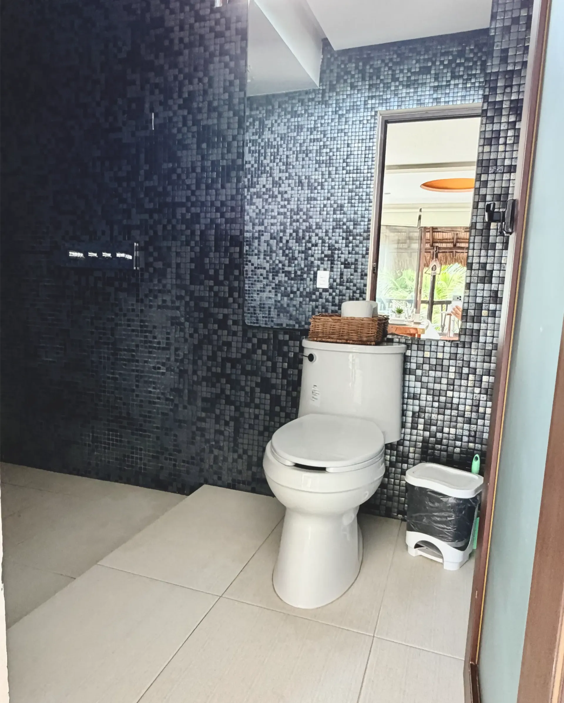 Small bathroom with a white toilet, dark patterned walls, and a wall mirror above a sink area.