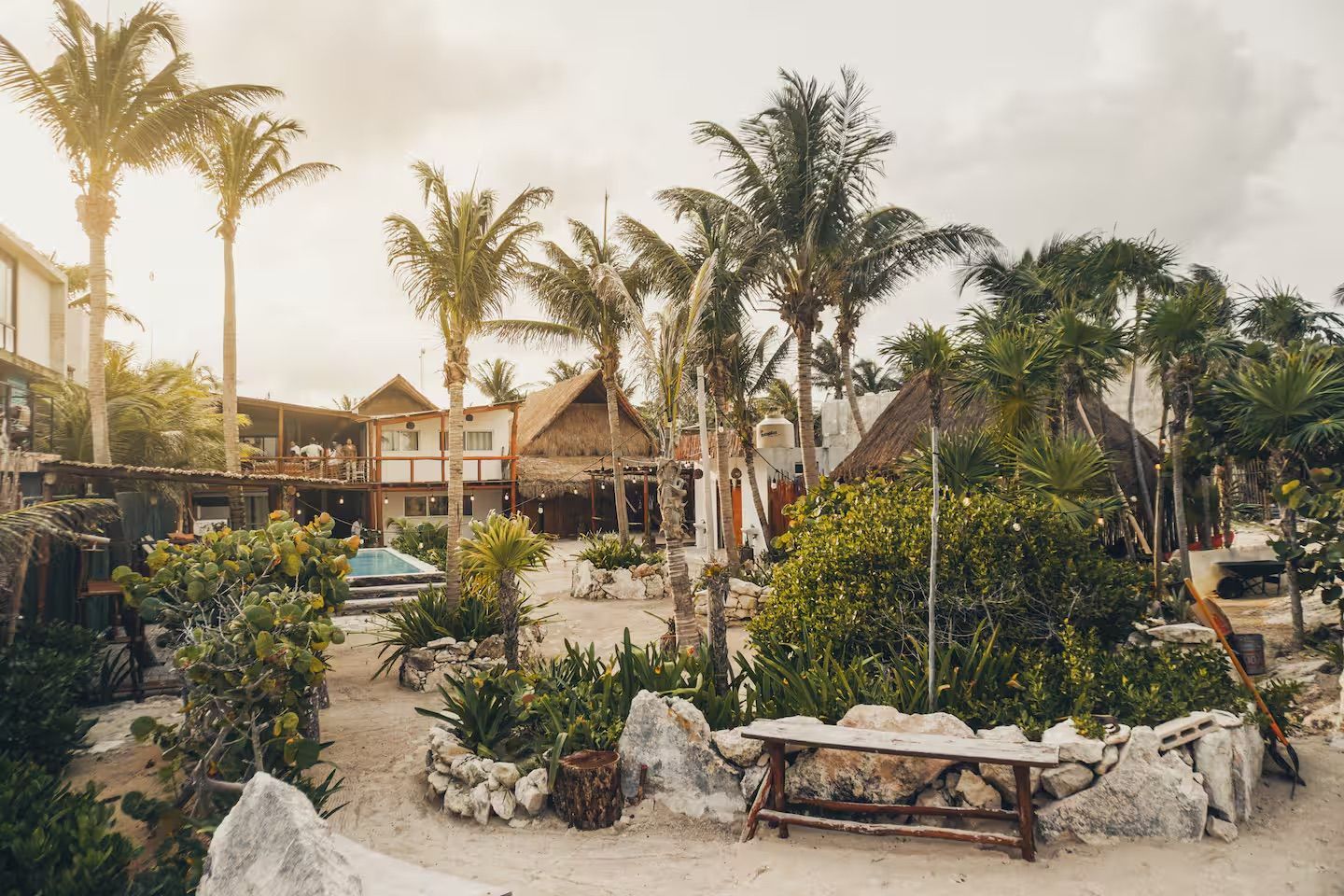 Tropical resort garden with palm trees, stone paths, and wooden benches near thatched-roof buildings at sunset