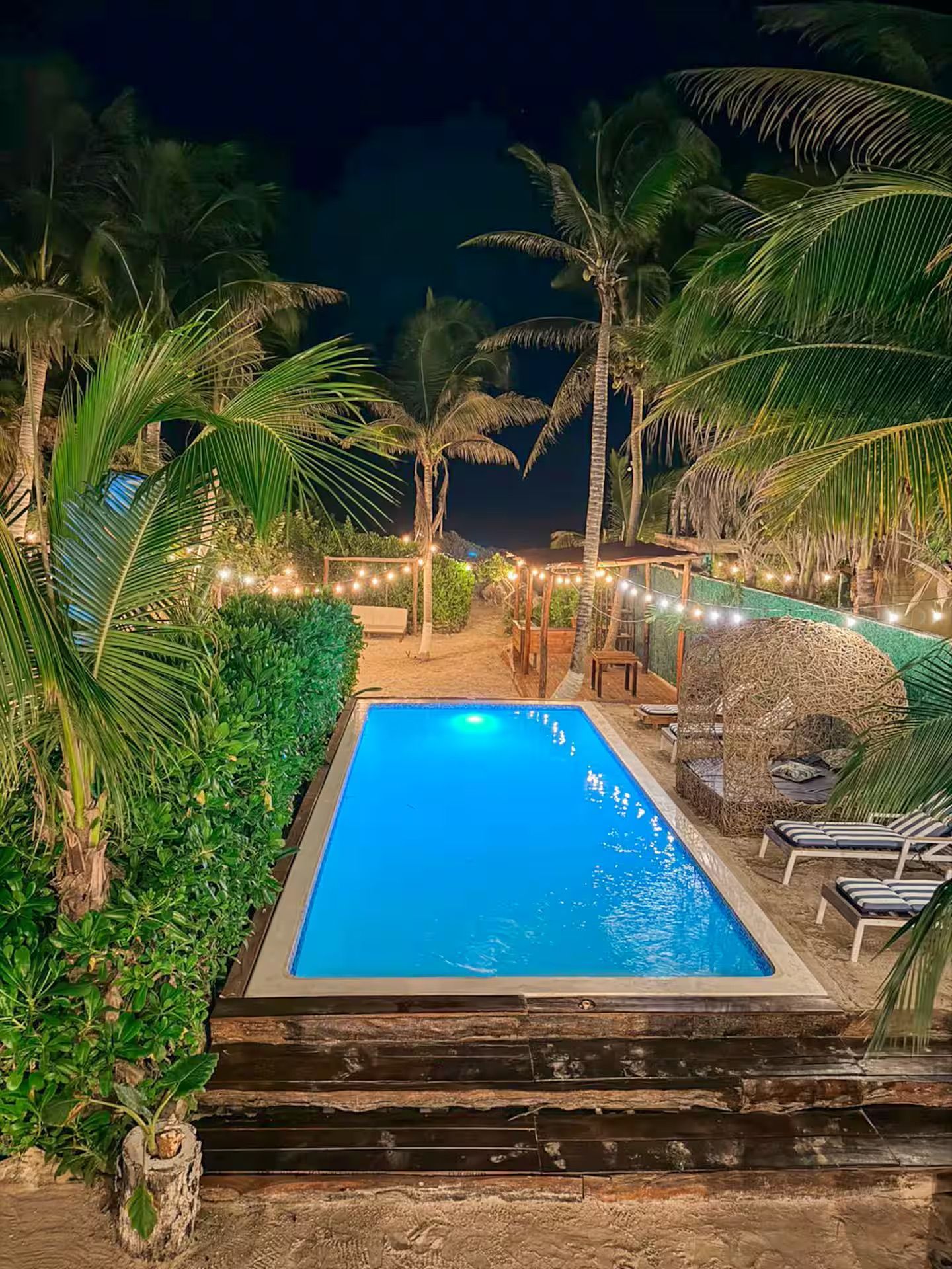 Nighttime tropical pool with bright blue water, palm trees, string lights, and lounge chairs סביב poolside terrace