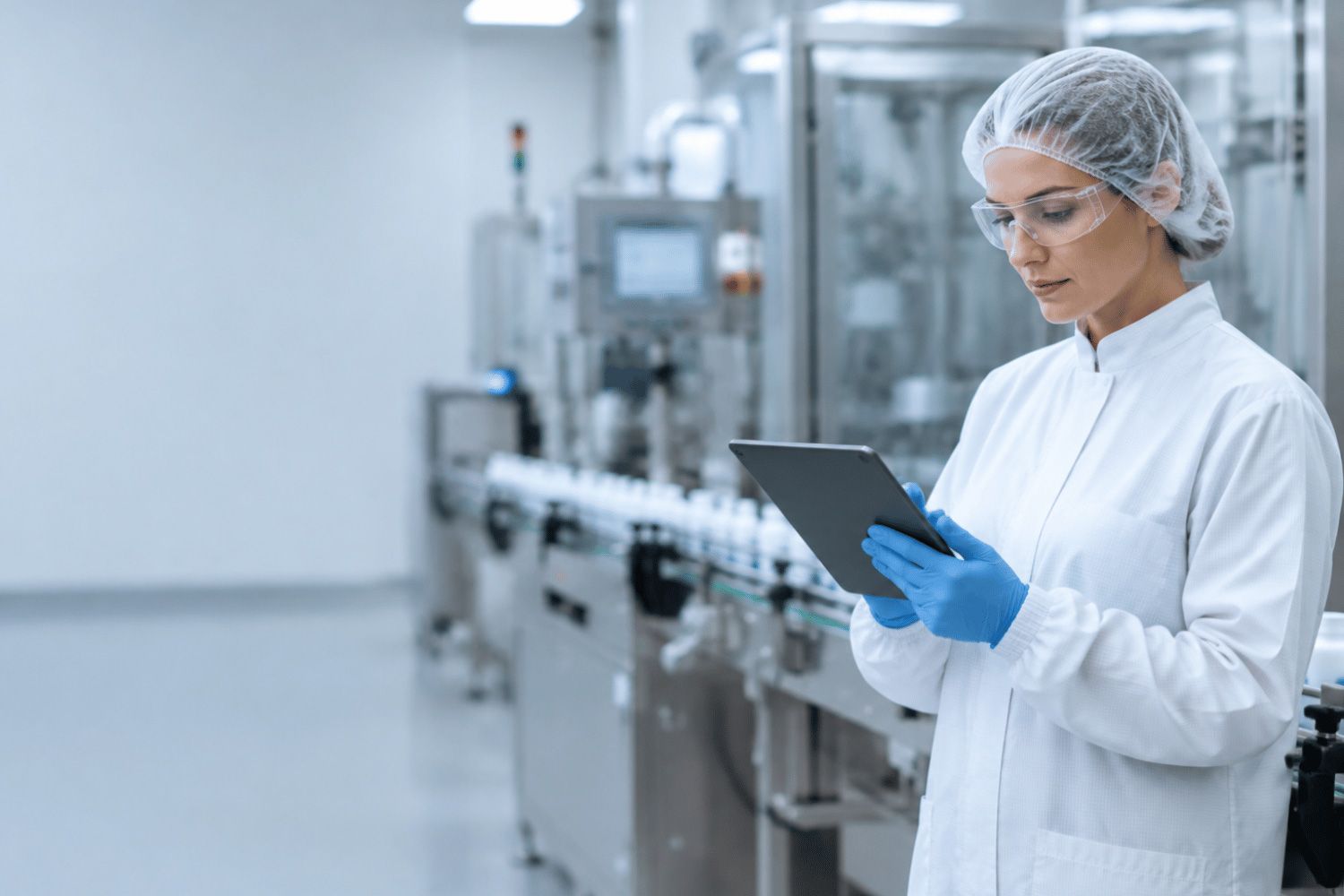 Lab worker in white coat and hairnet reviewing data on a tablet in a clean manufacturing facility