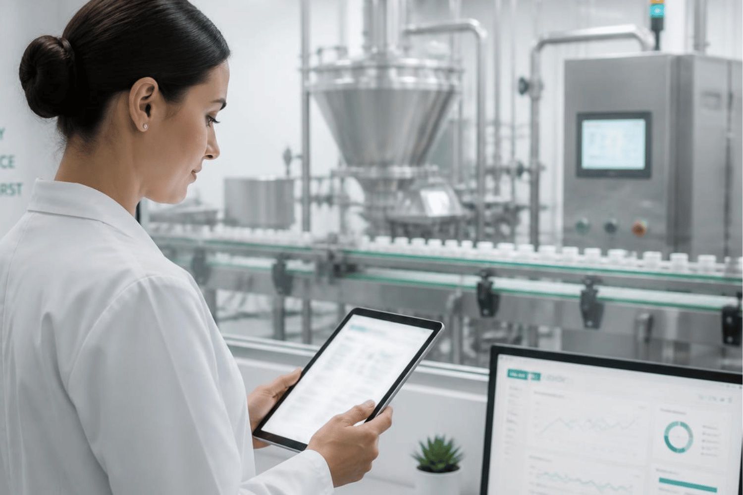 Technician using a tablet in a modern factory beside industrial machinery and a computer monitor