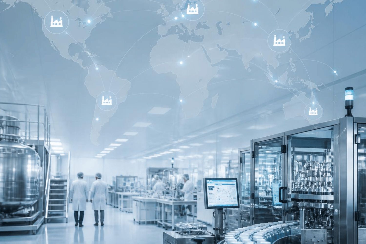 Futuristic factory floor with workers, conveyor lines, and digital screens in a cool blue-lit setting