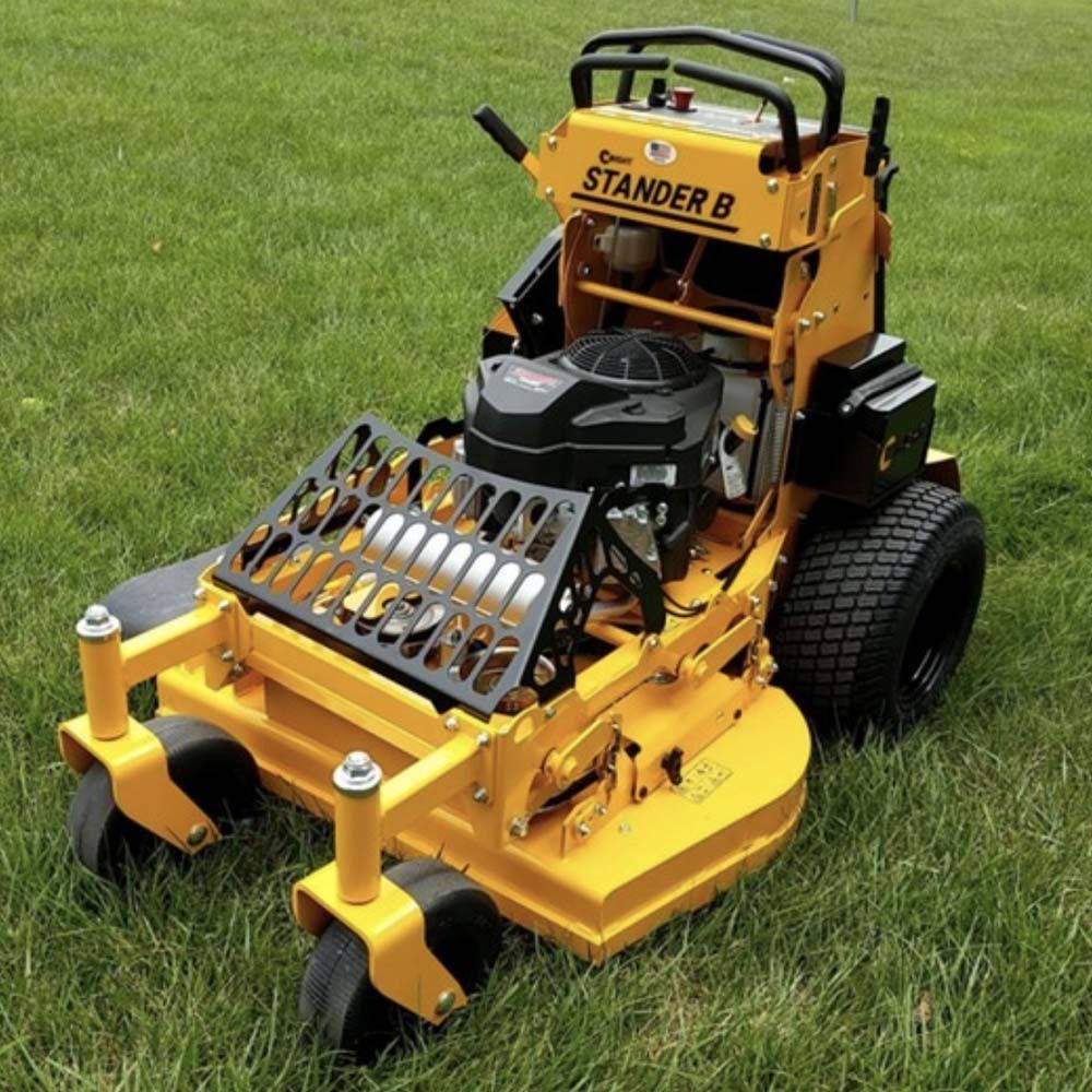 Yellow Lawn Mower With Stander B Label — Craig’s Lawn Mowing and Garden Maintenance in Miranda, NSW