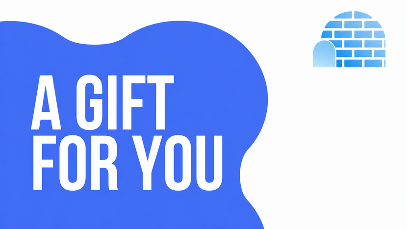 Blue gift card graphic with bold white text, “A GIFT FOR YOU,” and a small brick icon in the top right.