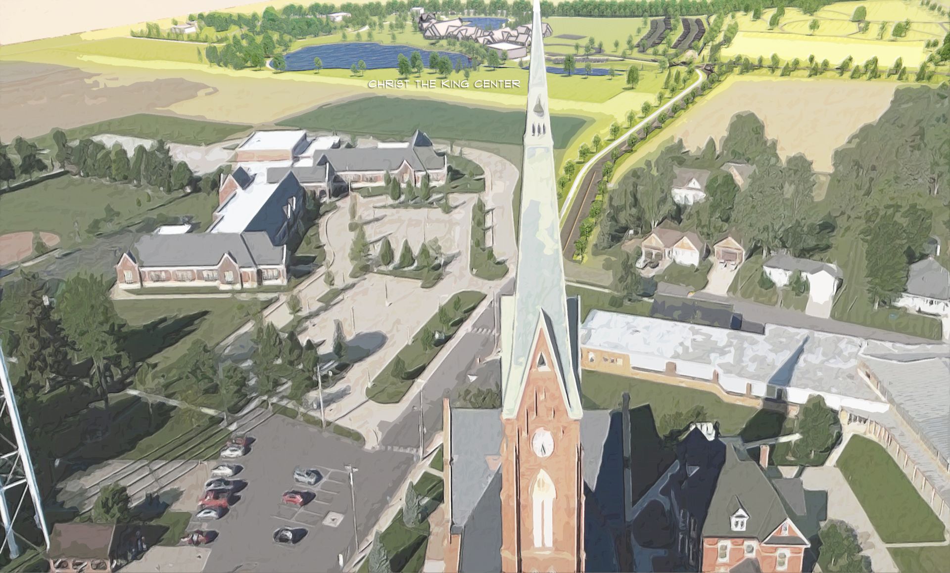 Aerial view with Church tower
