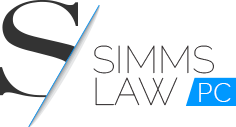 Logo for Simms Law PC, with a large "S" and text "SIMMS LAW PC". "PC" is in a blue box.