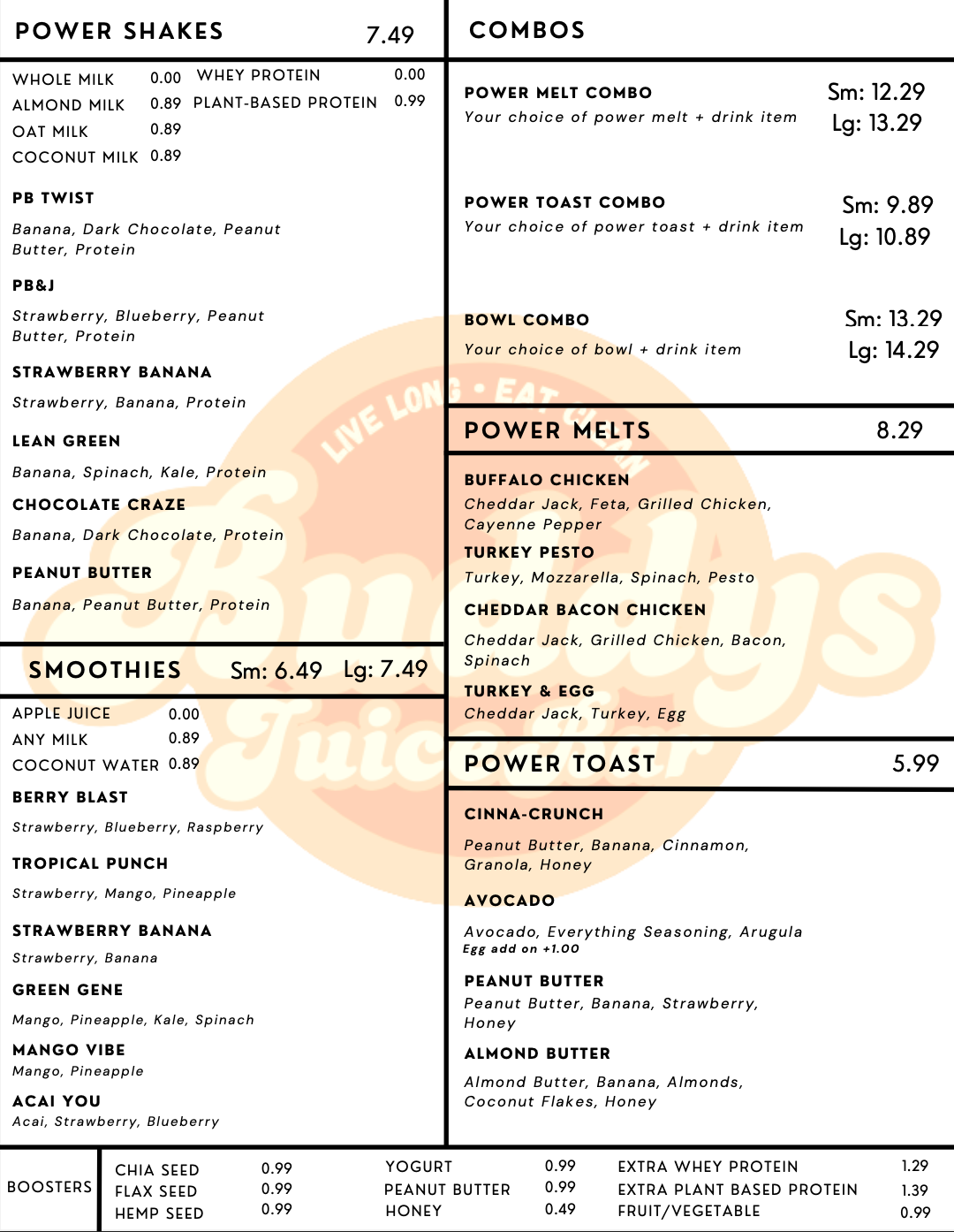 Menu for Smedly's Juice Bar featuring lists of power shakes, smoothies, power melts, power toast, and add-on options.